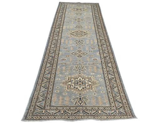 11 Ft Gray Kazak Afghan Hand Knotted Geometric Wool Runner Rug